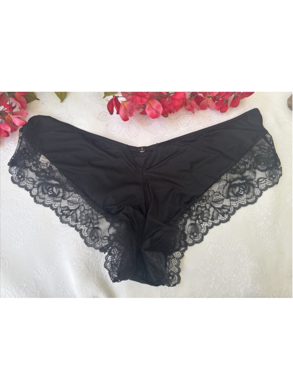 VICTORIA'S SECRET XXL SILKY BLACK LACE TRIM CHEEKY CUT OUT CHARM PANTIES NWT
